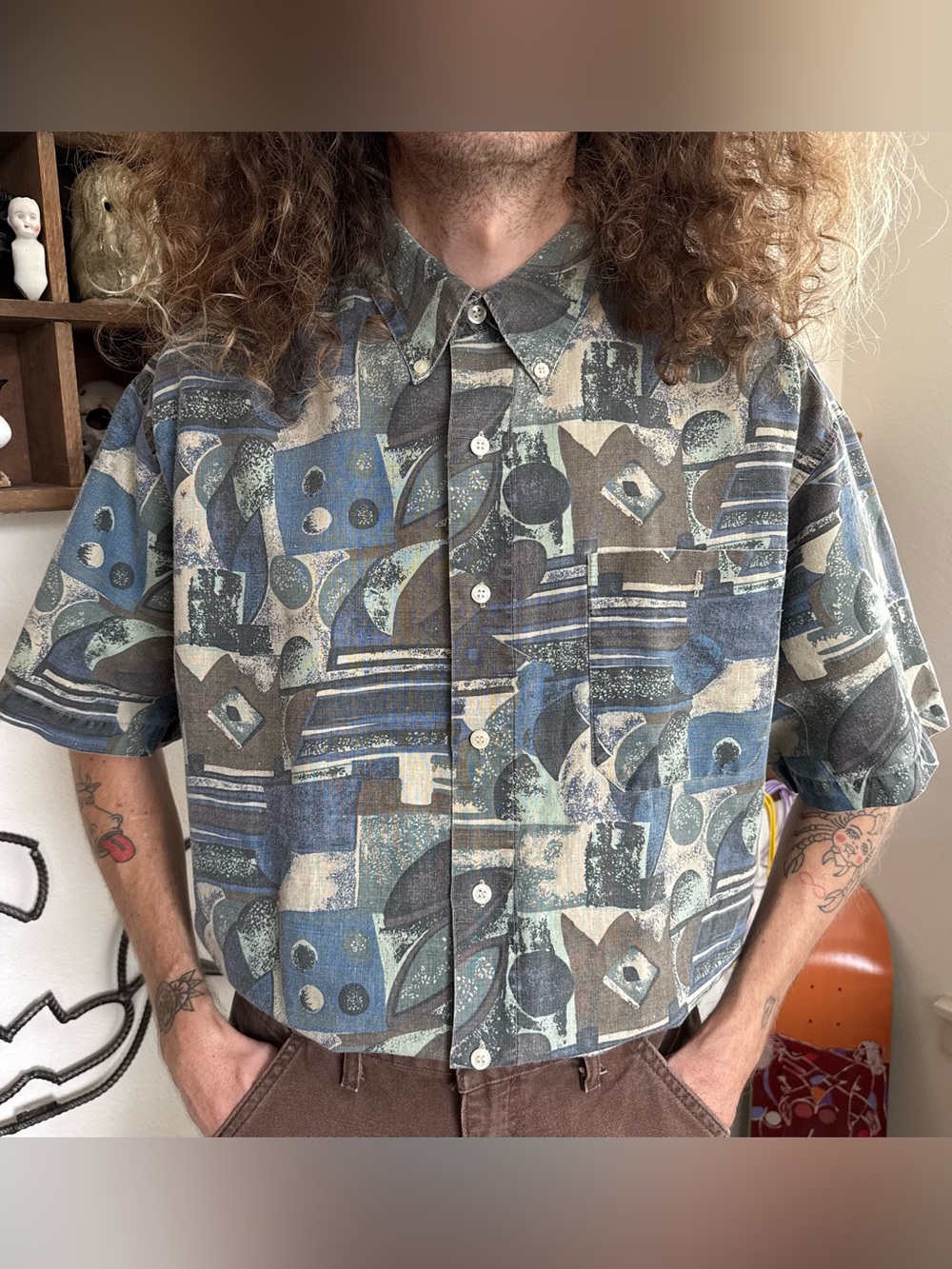 Vintage 90s Earthy Abstract Geometric SS Button Down Shirt Robert Stock ~ Size L